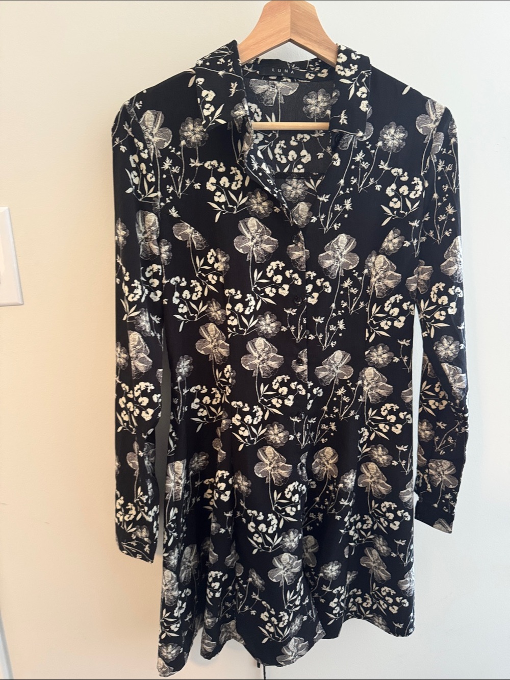 Luna Black Floral Button-Front Tunic Top with Back Corsette Style Tie